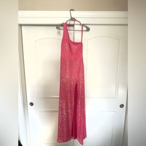 Blondie Nites One Shoulder Sparkly Hot Pink Prom Dress